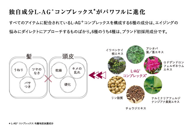 独自成分L-AG＋コンプレックス＊がパワフルに進化 (＊ L-AG+ コンプレックス：毛髪地肌保護成分)